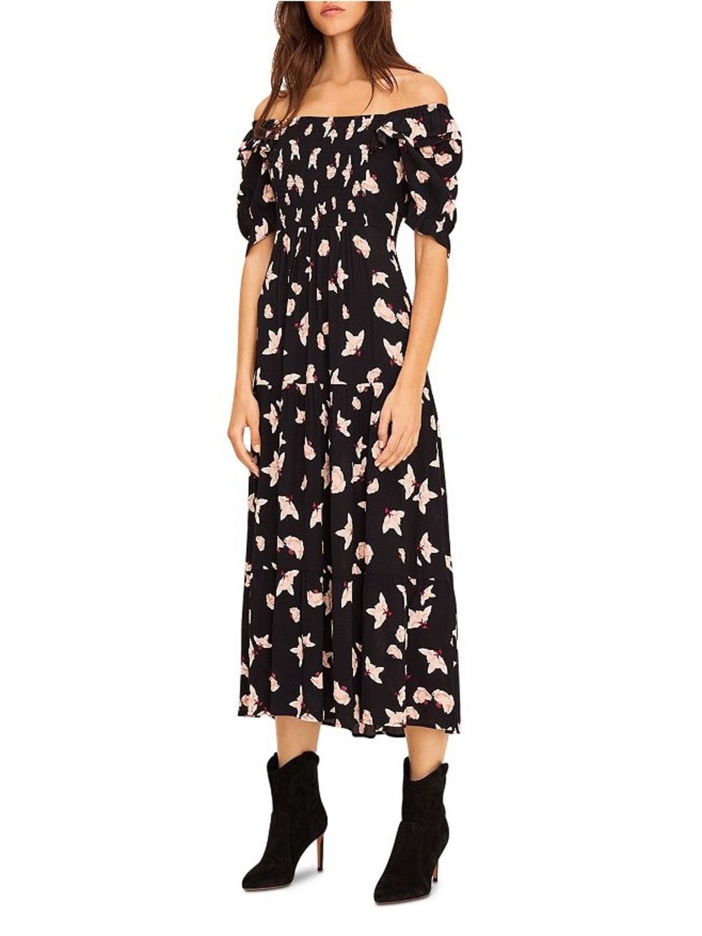 ba&sh Printed Puff Sleeve Midi Dress In Black Viscose - size Xs